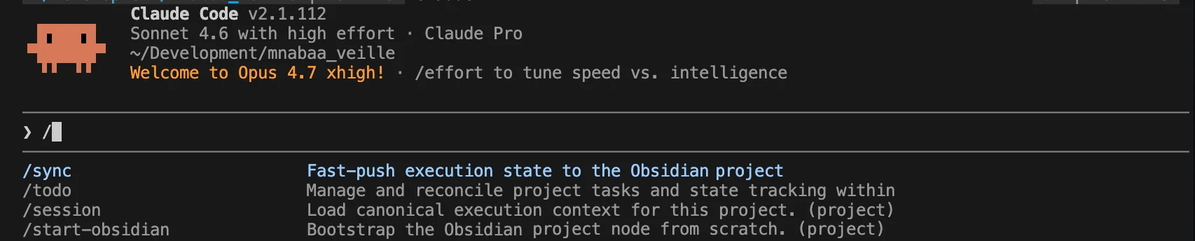 Claude Code affichant les commandes /sync, /todo, /session, /start-obsidian
