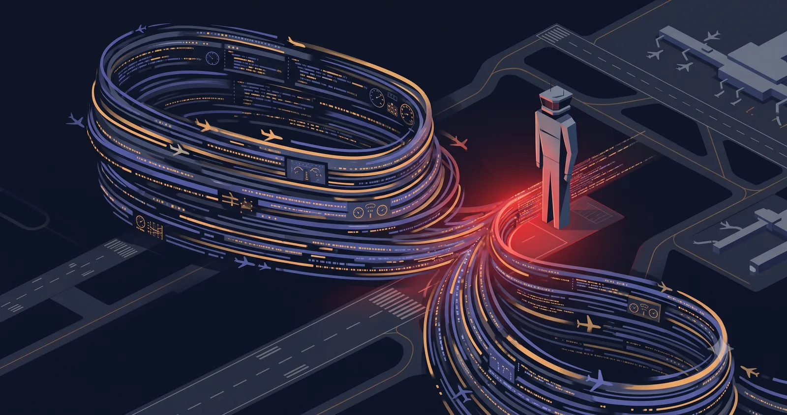 Des flux de code s'engorgent à un goulot humain signalé en rouge
