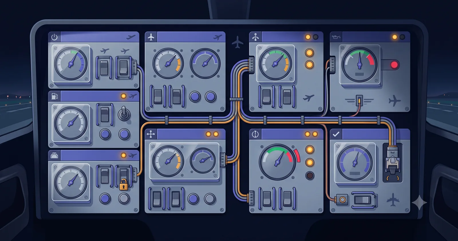 Tableau d'instruments d'avion relié, évoquant garde-fous et checklist avant vol