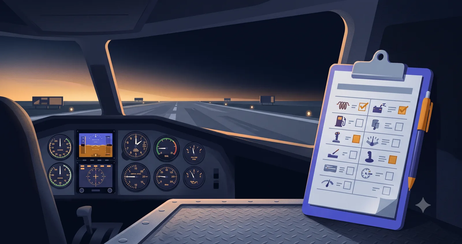 Cockpit à l'aube face à une piste, avec une checklist avant décollage
