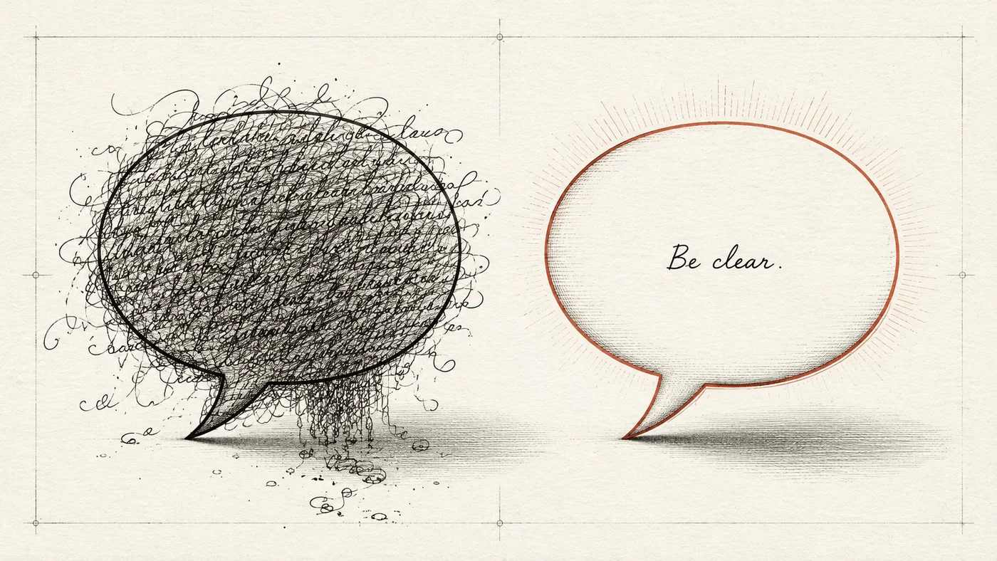 Deux bulles de bande dessinée : à gauche une masse de texte enchevêtré qui déborde et goutte ; à droite une bulle presque vide où se lit « Be clear », cerclée de terracotta.