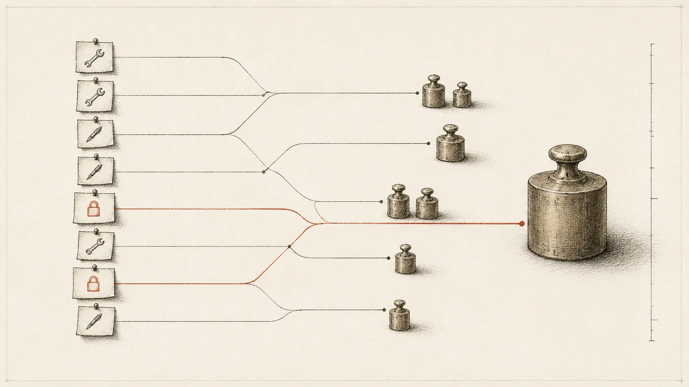 Diagramme : à gauche des tickets de tâches (clé, stylo, cadenas) ; des lignes les routent vers des poids en laiton de tailles croissantes à droite ; les tickets « cadenas » filent en terracotta vers le plus gros poids.