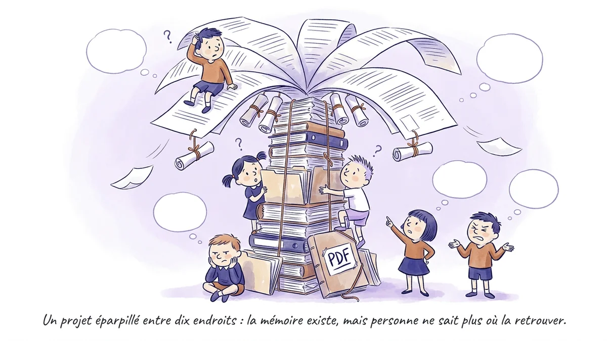 Un grand tas de PDFs sur un piédestal, comme une stèle. Six petits personnages tout autour se grattent la tête, lisent des fragments, haussent les épaules.