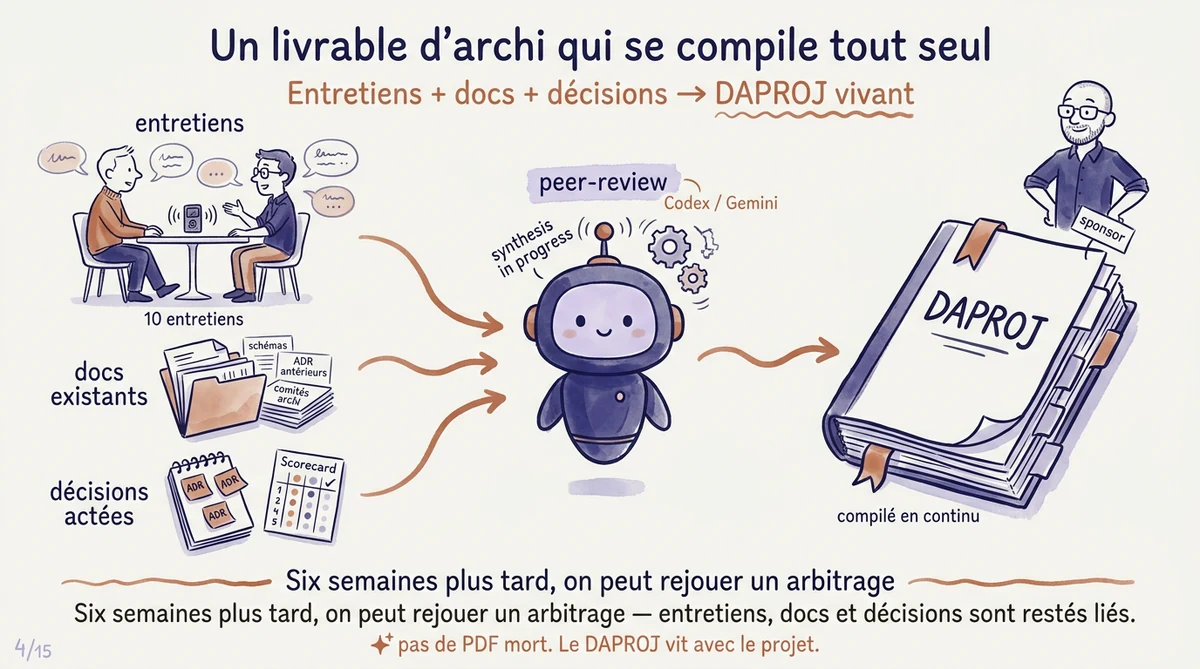Une illustration Sempé : un consultant interviewe un tech lead, une pile de docs, des contraintes, composition d'un dossier d'architecture versionné.