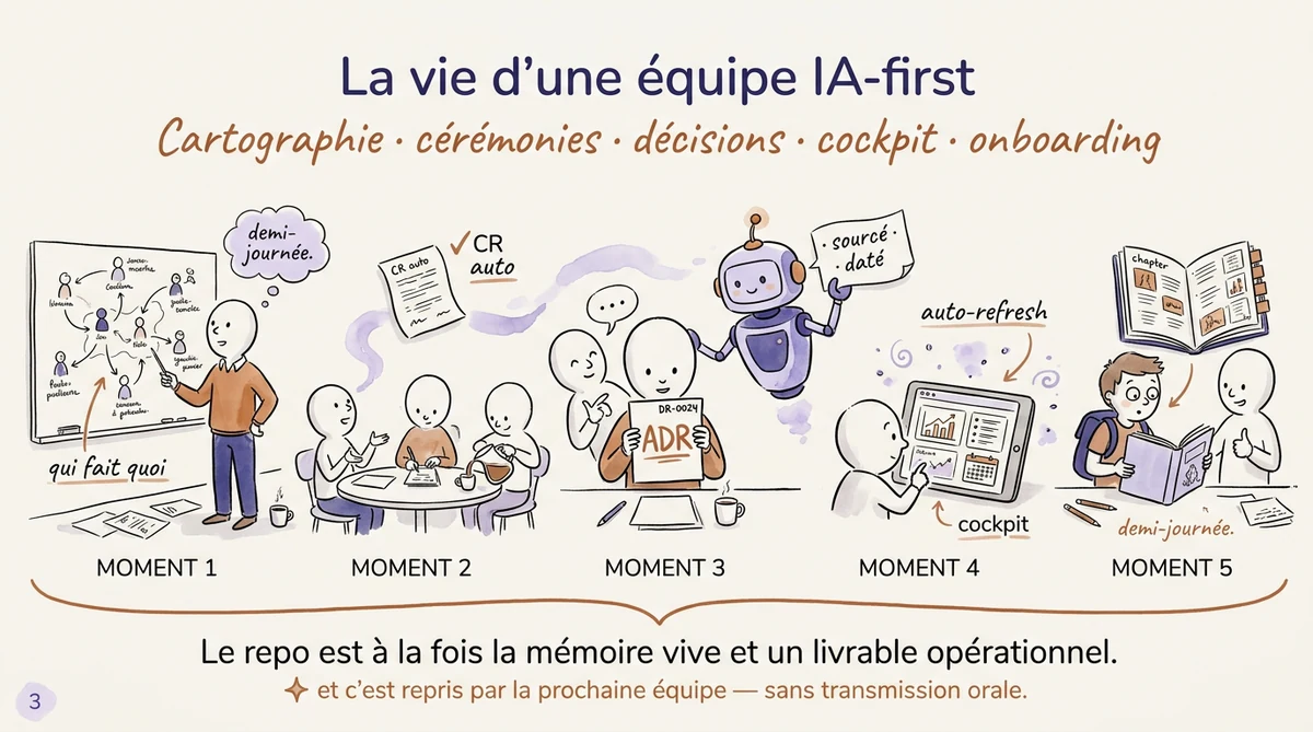 Cinq moments d'une équipe AI-first : cartographie sur whiteboard, cérémonie hebdo, décision actée, livrable, nouvelle recrue.