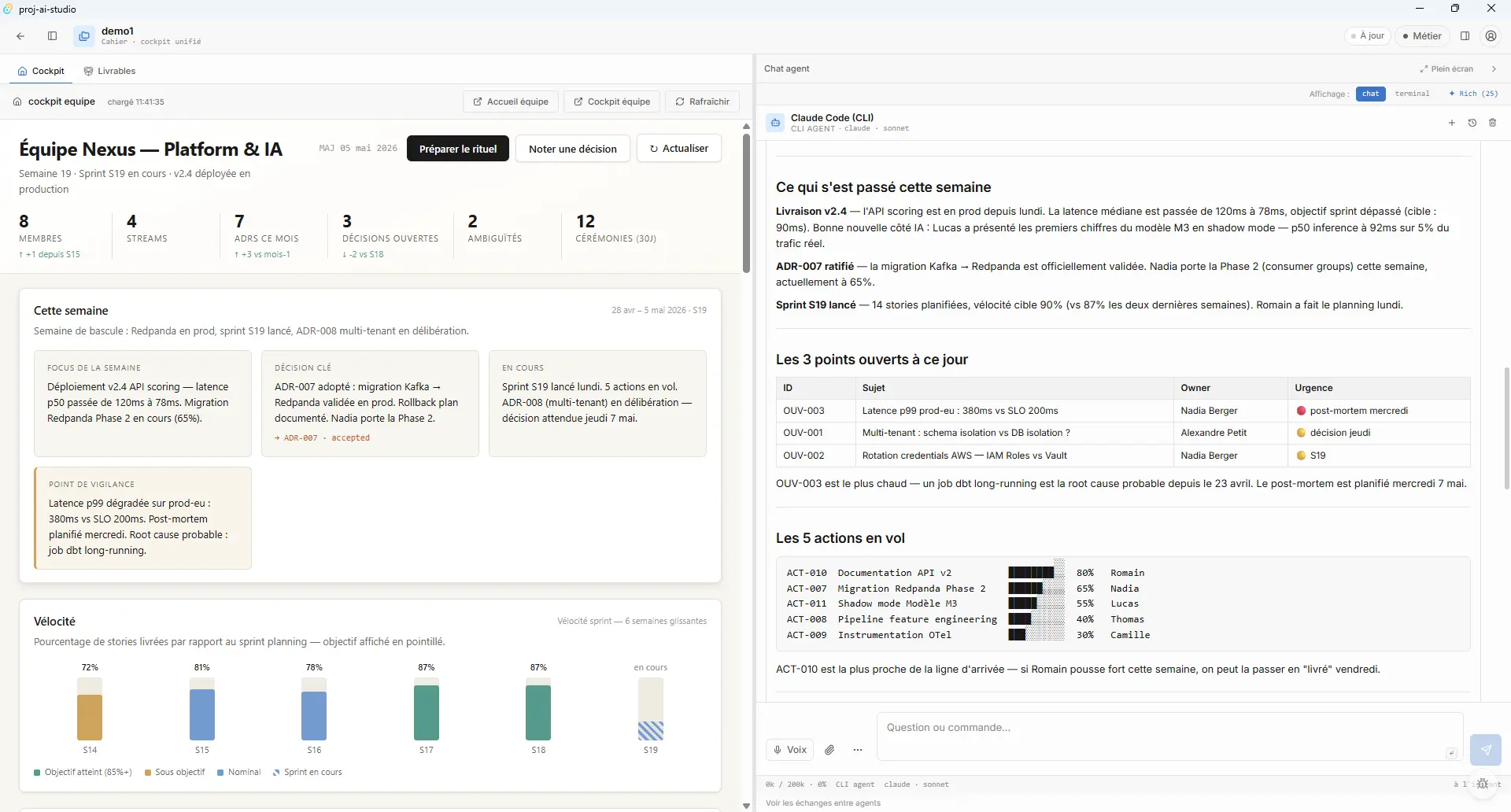Capture d'écran de PROJ-AI Studio en mode démo. À gauche, un cockpit d'équipe Nexus avec KPIs et focus de la semaine. À droite, le panneau Chat agent.